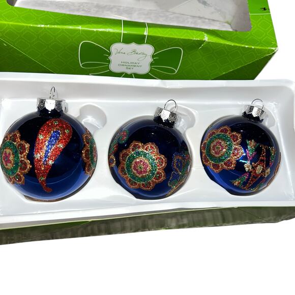 VERA BRADLEY VENETIAN PAISLEY BLUE COLORFUL SET OF 3 ORNAMENTS BOXED Holiday - Picture 5 of 6